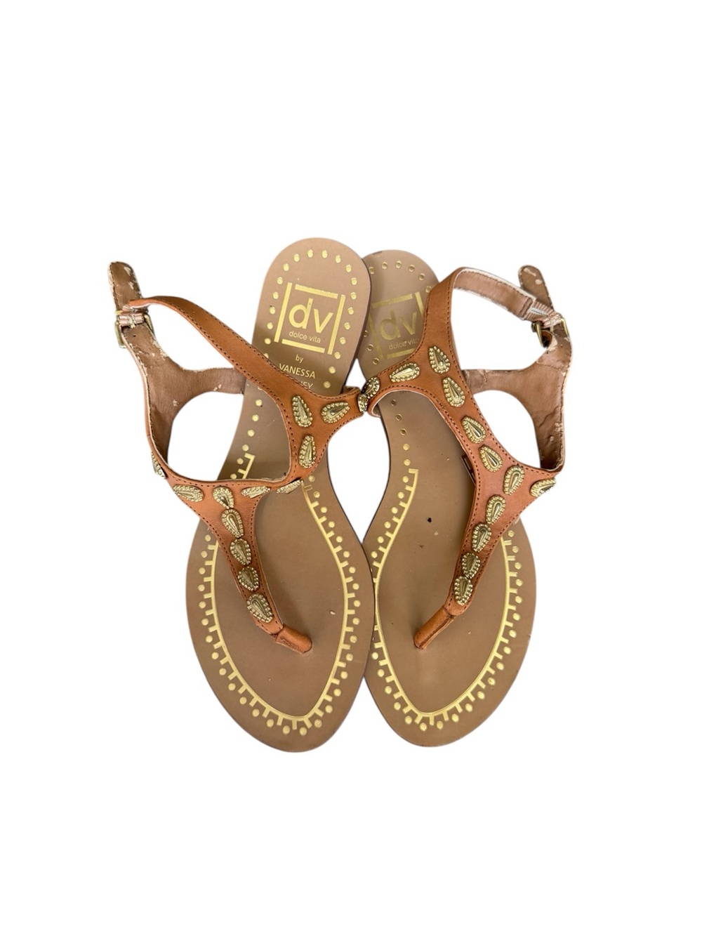DV Dolce Vita and Vanessa Mooney Gold Embellished Leather T Strap Sandals 7
